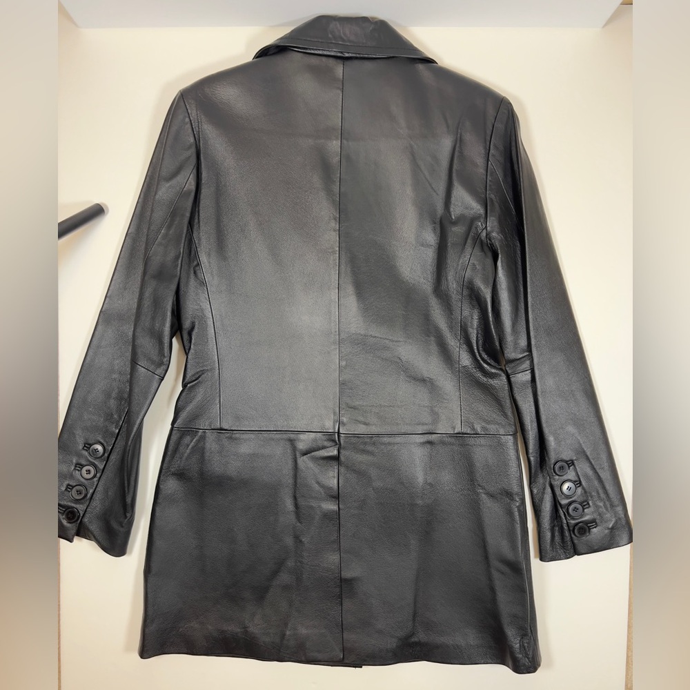 Vintage Newport News Black Genuine Leather Trench Mid Length Coat, M1161 - Picture 5 of 9